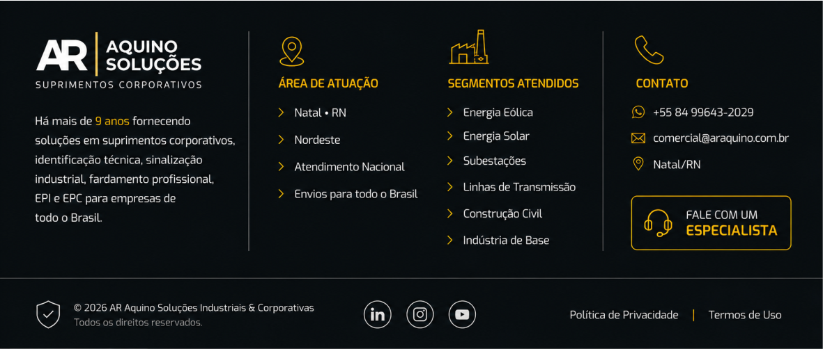 Fale com um consultor da AR Aquino e encontre soluções em EPI, EPC, fardamento, sinalização industrial, identificação técnica e suprimentos corporativos para sua empresa.
